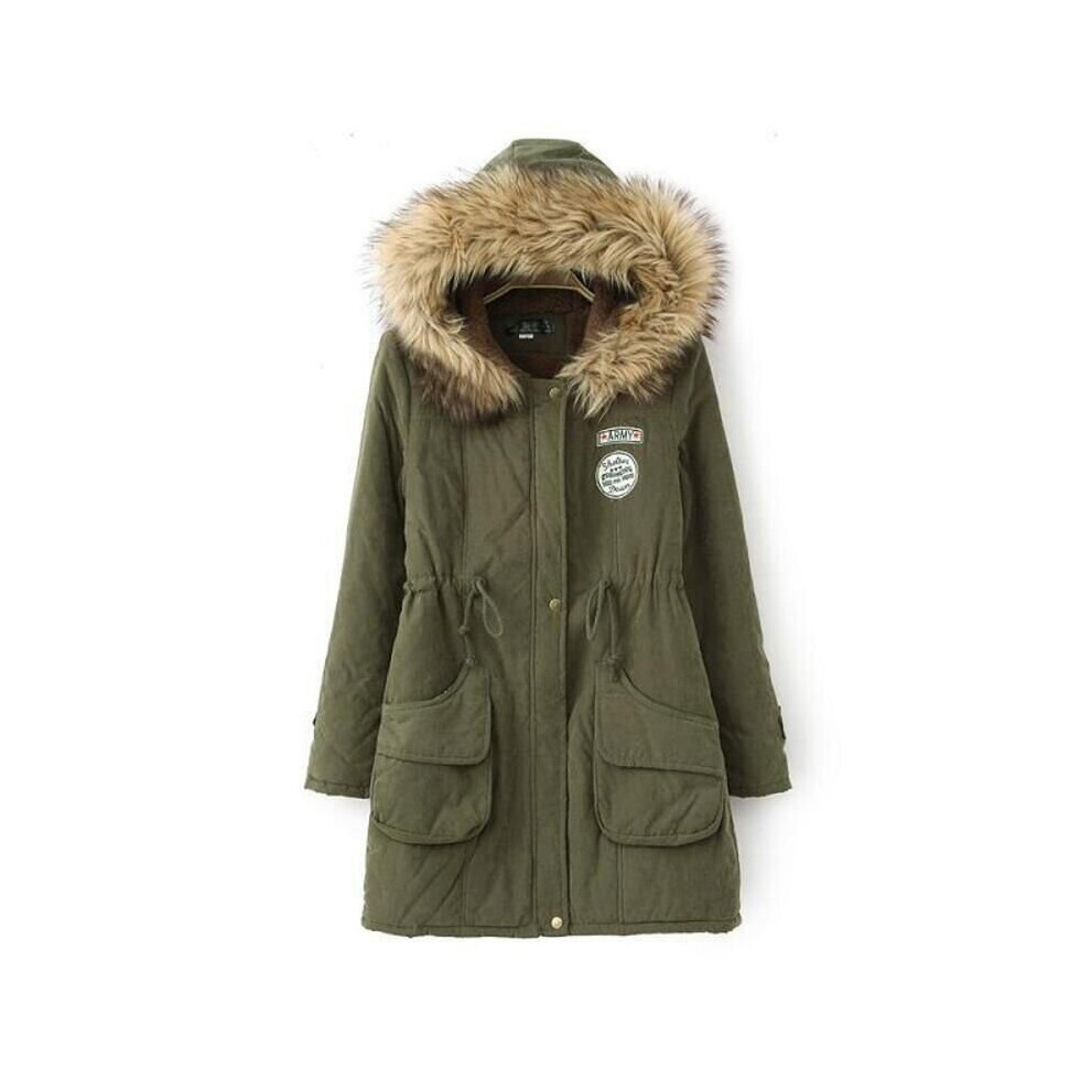 (Green, 3XL) Women Warm Fur Collar Long Coat Hooded Jacket Slim Winter Parka Outwear
