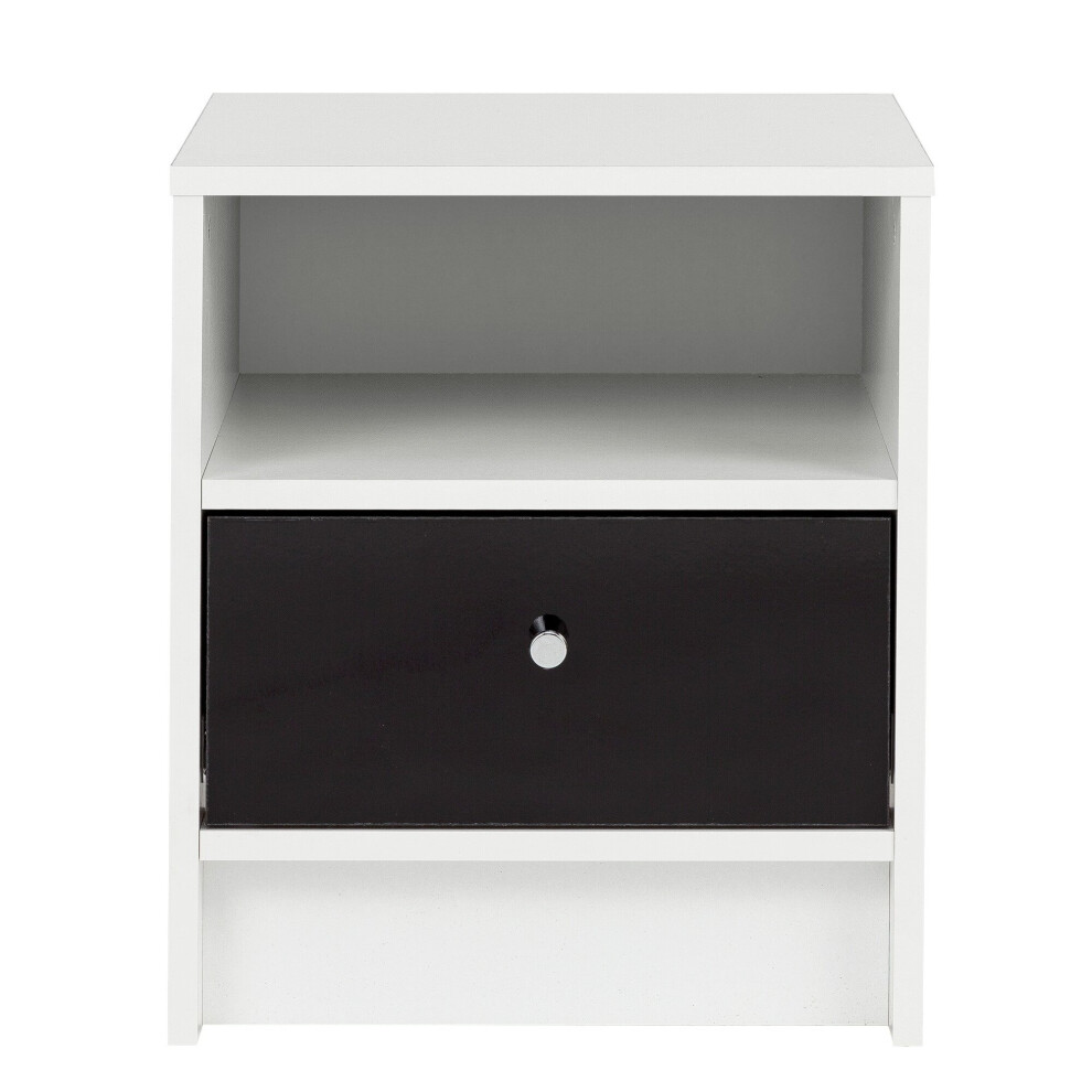 (White With Black Drawer) 2 x 1 Drawer Wooden Bedroom Bedside Cabinet Table