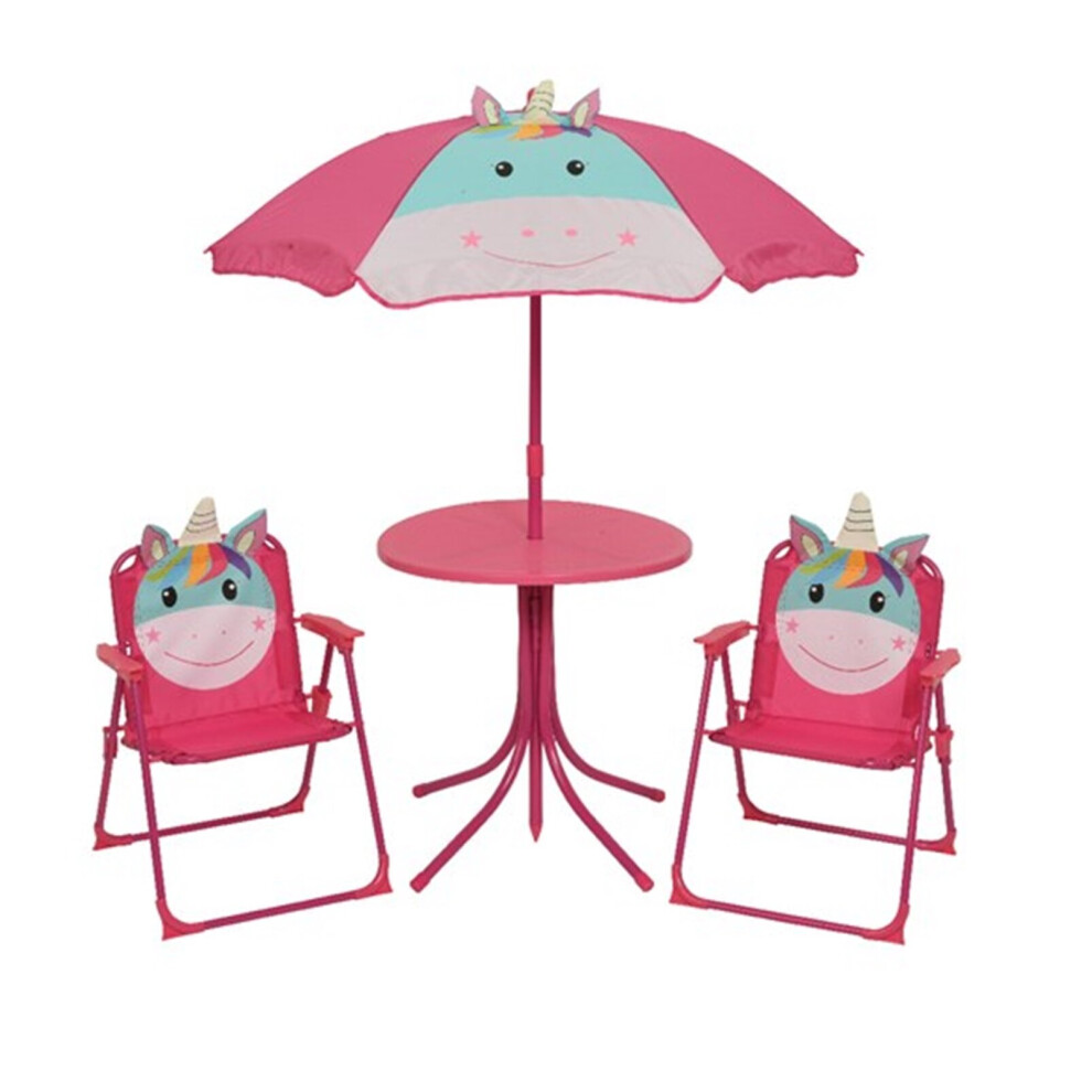 Kids Unicorn Patio Furniture Set Table Chairs & Parasol 4 Piece Pink