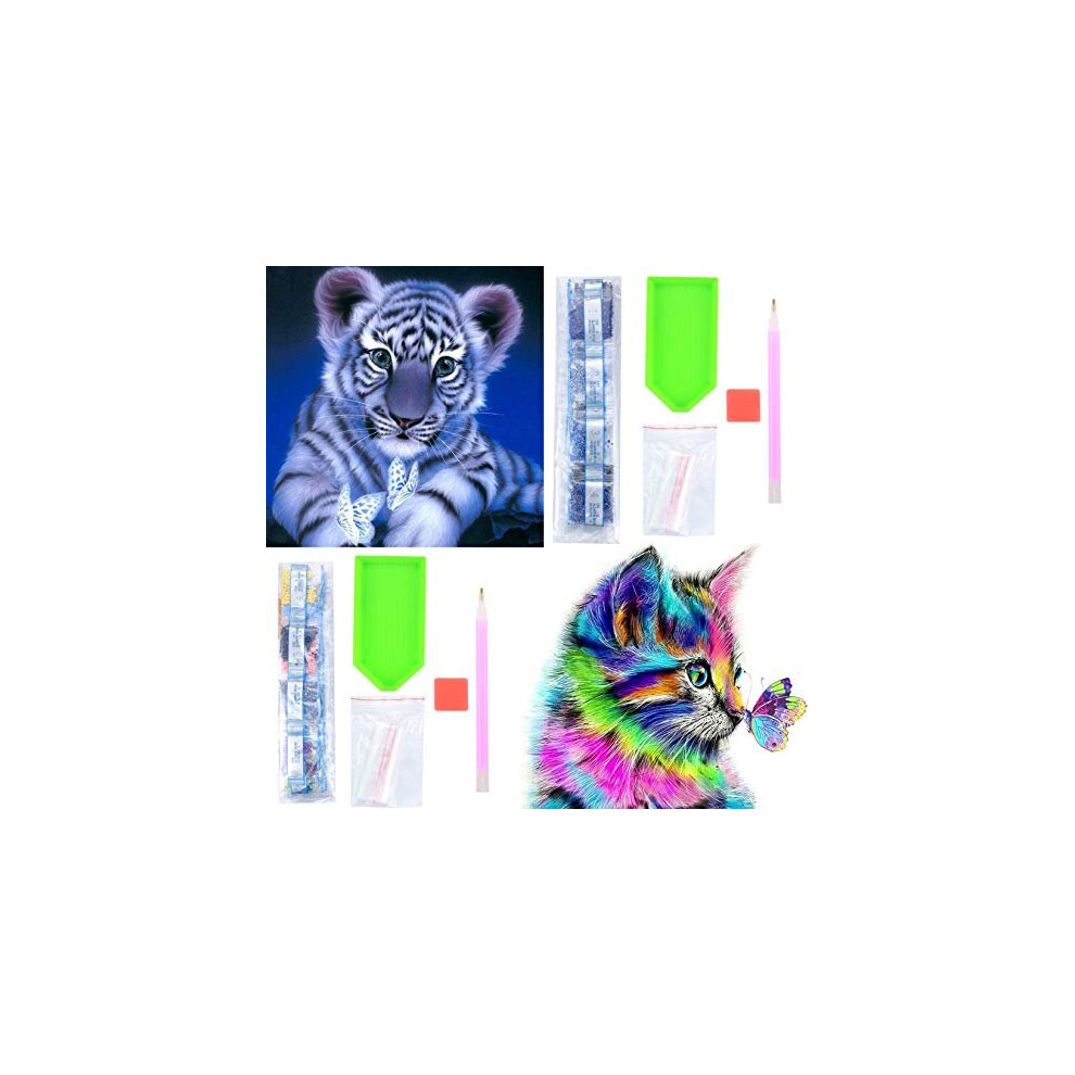 2 Pcs 5D Diamond Art Painting Kits Full Drill, Cat Butterfly and Tiger Crystal Rhinestone Embroidery Pictures DIY Craft Paintings Kits Gifts