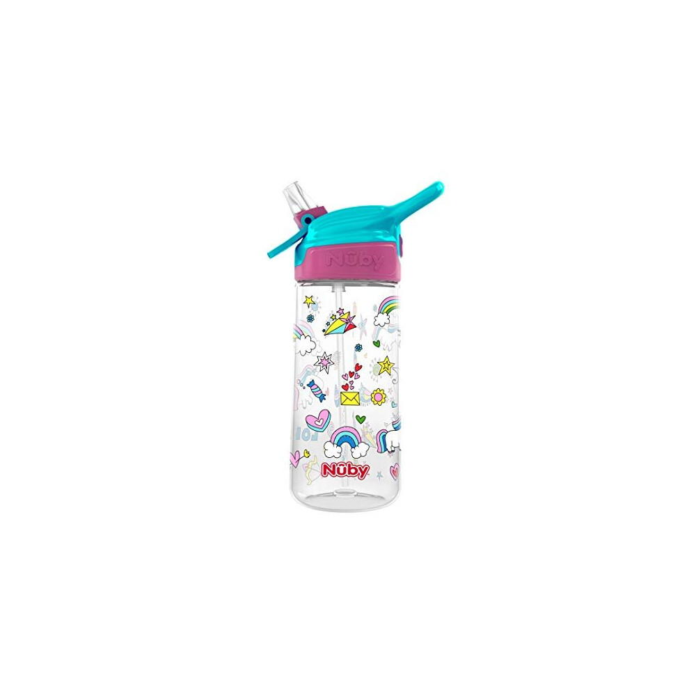 Push Button Flip-It Soft Spout Tritan Water Bottle, Unicorns, 18 Oz Pink Nuby