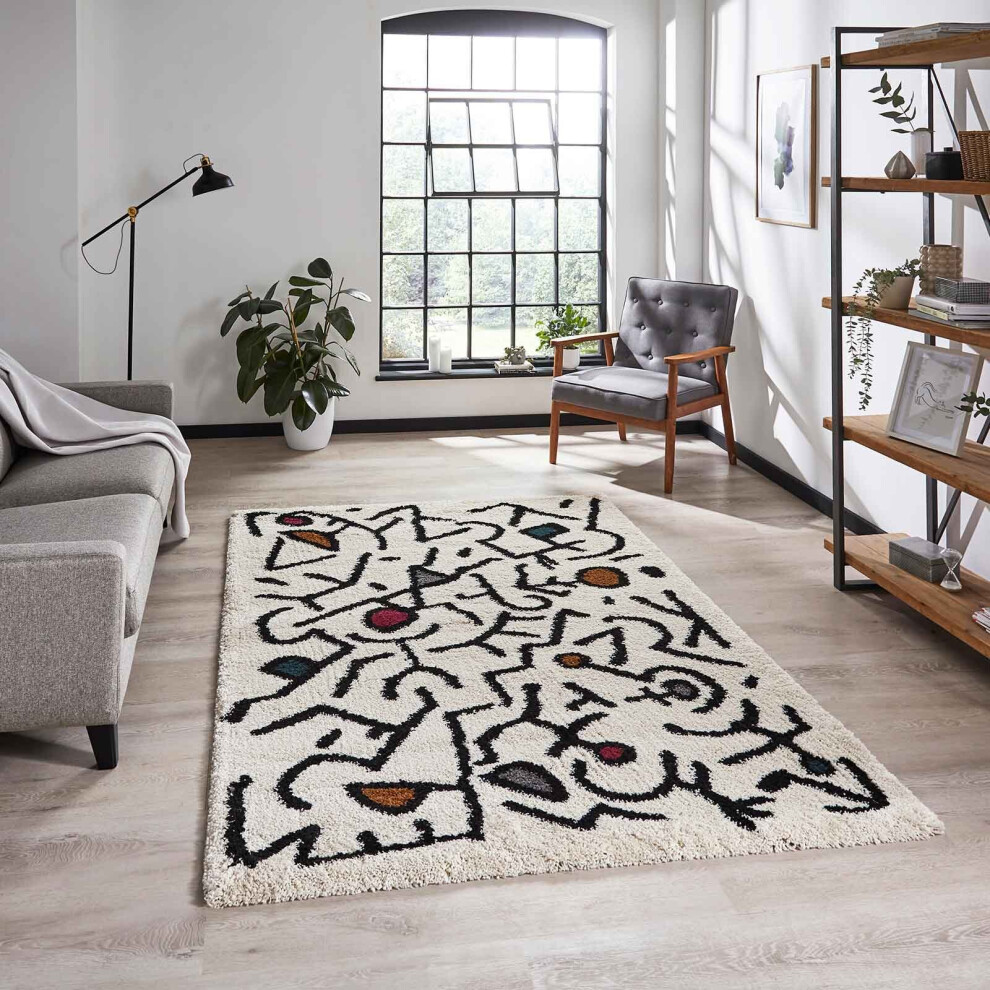 (A637 Cream/ Black/Multi, 120 x 170 cm) Berber Nordic Scandi Tribal Shaggy Rugs Abstract Small Large 4cm Thick Pile Warm Soft Cosy Rug Carpet Barber S