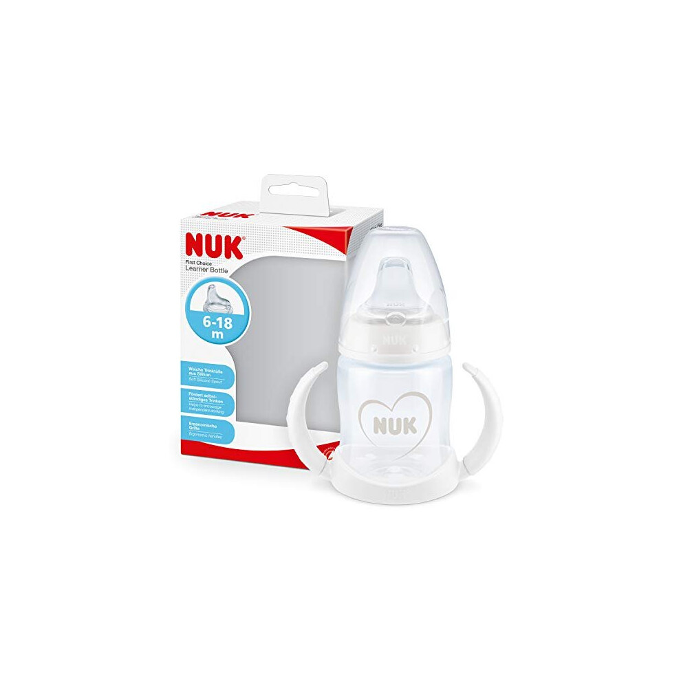 NUK 10215343 First Choice+ Learning Bottle | 6-18 Months | Leak-Proof Silicone Spout | Anti-Colic Valve | BPA | 150ml | Heart (Neutral) Whit