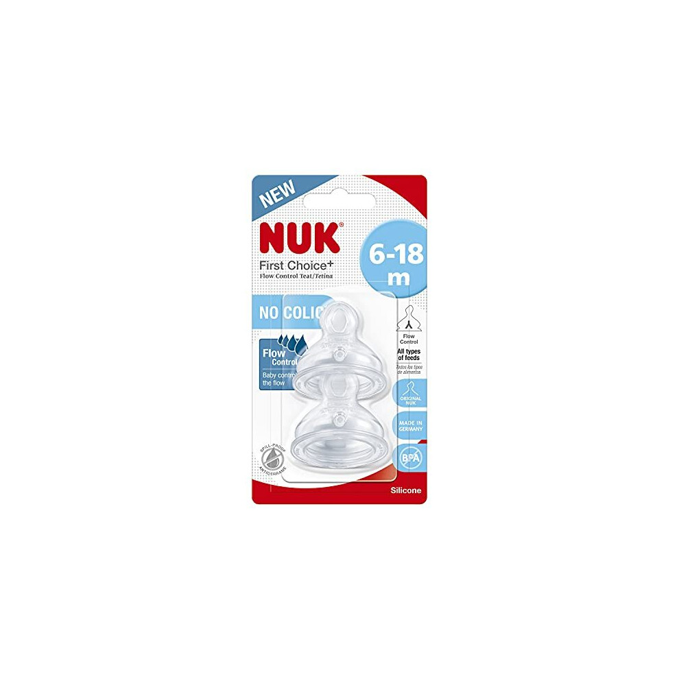 NUK First Choice+ Teats for Baby Bottles | 6-18 Months | Flow Control | Anti-colic Vent | BPA-free | 2 Count