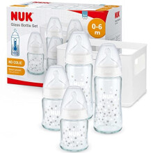 NUK First Choice+ Glass Baby Bottles Starter Set | 0-6 Months | 4 x Temperature Control Bottles & Bottle Crate | Anti Colic Vent | BPA-Free