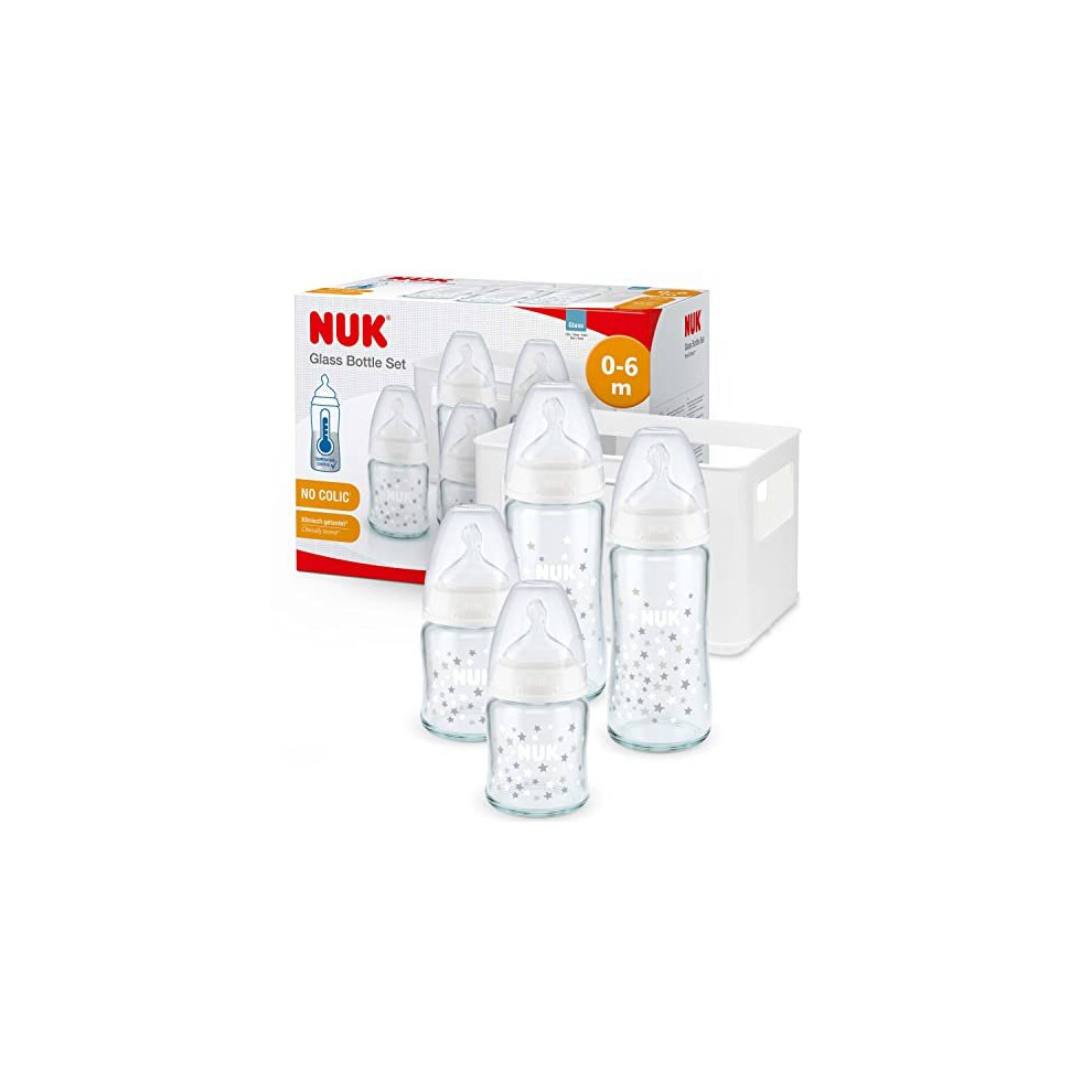 NUK First Choice+ Glass Baby Bottles Starter Set | 0-6 Months | 4 x Temperature Control Bottles & Bottle Crate | Anti Colic Vent | BPA-Free