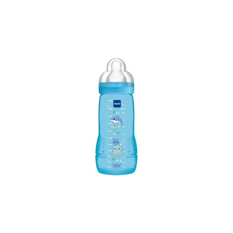 MAM Easy Active Feeding Bottle 2nd Age 330ml - 6+ Months - X-Flow Teat - Ultra Fast Speed - Blue