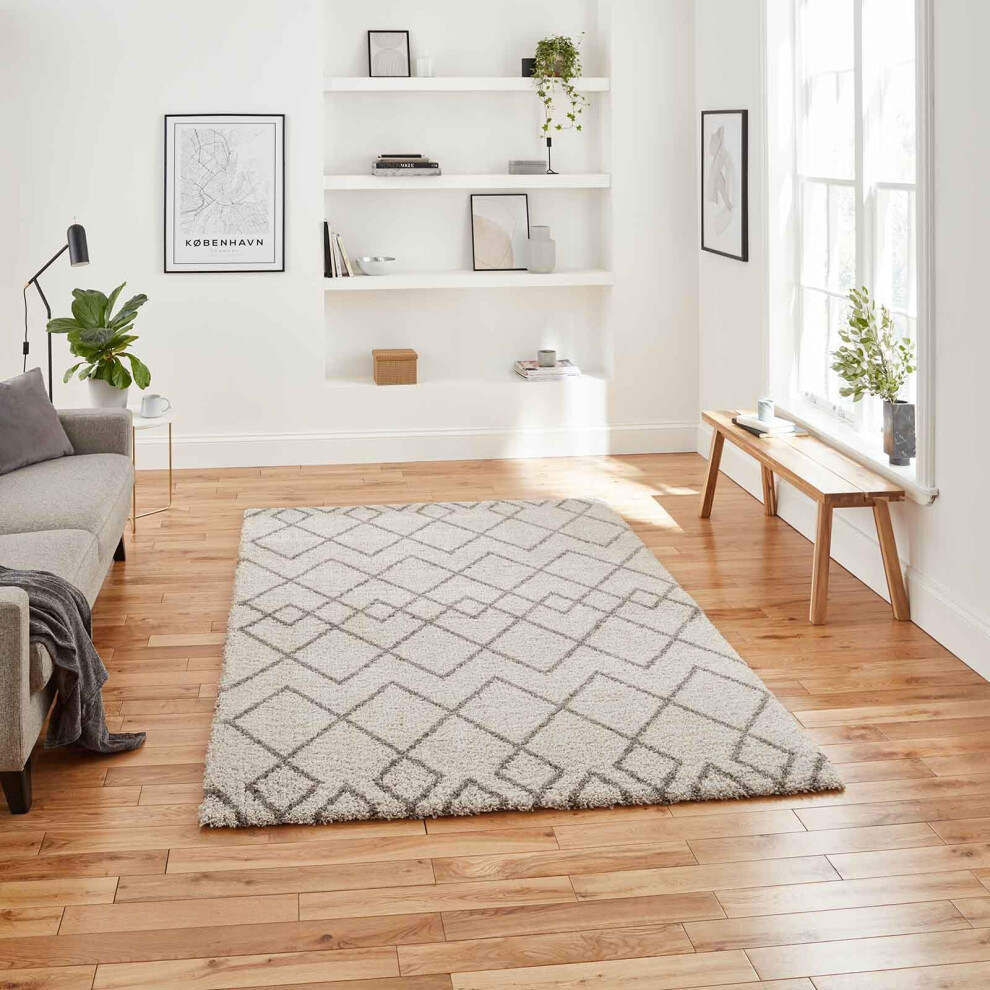 (Cream/Grey, 120 x 170 cm) Nordic Scandi Geometric Shaggy Rugs Large Thick 4cm Shag Pile Warm Soft Carpet Rug LIving Room Bedroom Scandinavian Berber