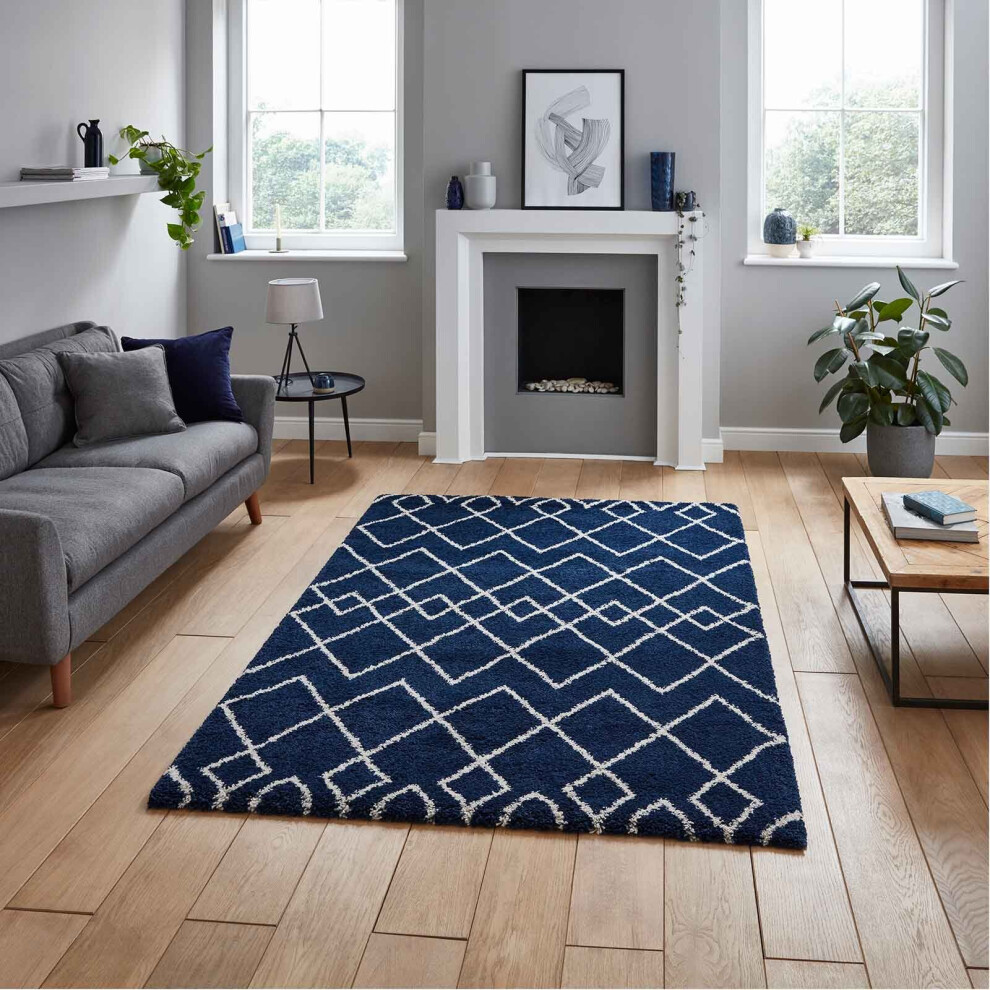 (Navy, 160 x 220 cm) Nordic Scandi Geometric Shaggy Rugs Large Thick 4cm Shag Pile Warm Soft Carpet Rug LIving Room Bedroom Scandinavian Berber Rug Ma