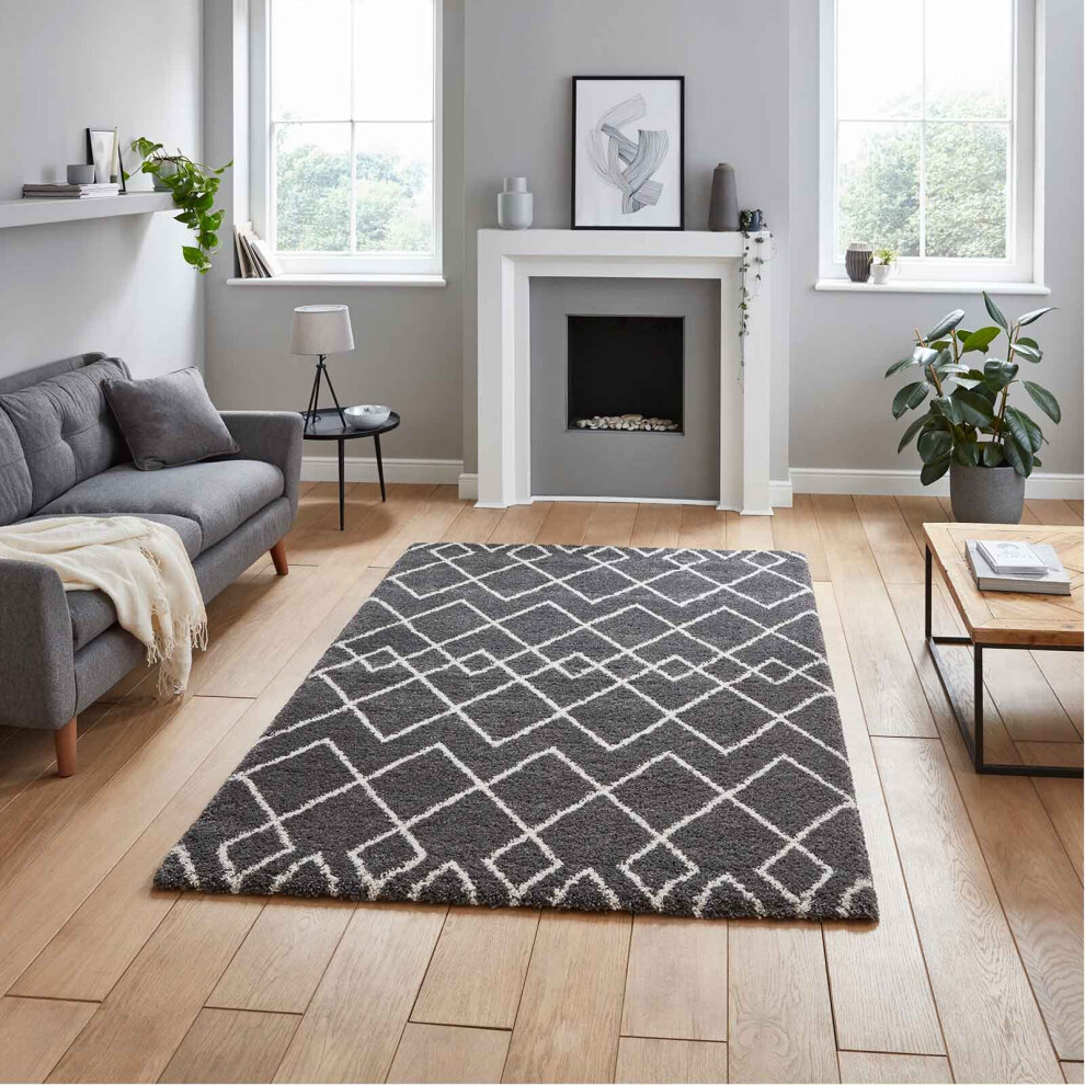 (Grey/Cream, 160 x 220 cm) Nordic Scandi Geometric Shaggy Rugs Large Thick 4cm Shag Pile Warm Soft Carpet Rug LIving Room Bedroom Scandinavian Berber