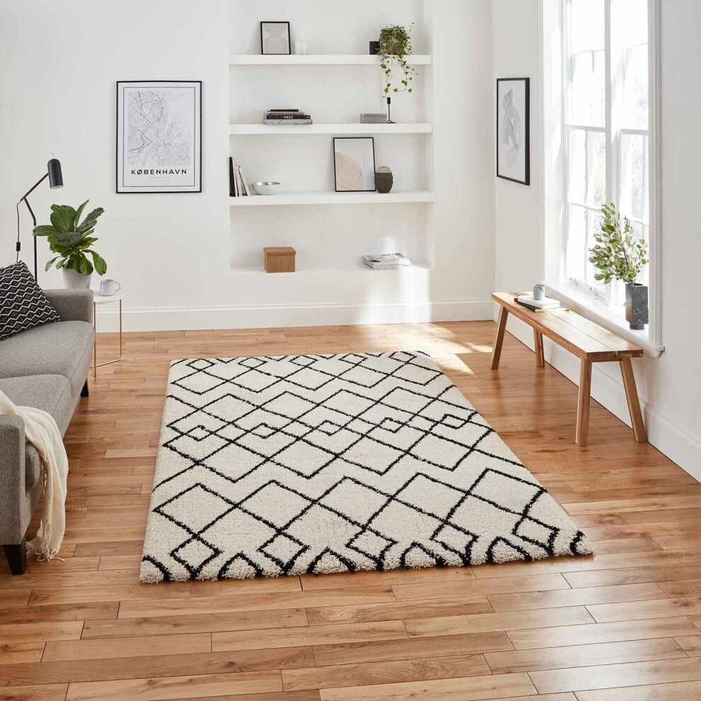 (White/Black, 120 x 170 cm) Nordic Scandi Geometric Shaggy Rugs Large Thick 4cm Shag Pile Warm Soft Carpet Rug LIving Room Bedroom Scandinavian Berber