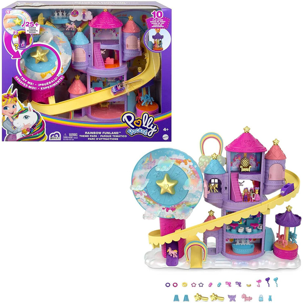 âPolly Pocket Rainbow Funland Theme Park, 3 Rides, 7 Play Areas, Polly and Shani Dolls, 2 Unicorns & 25 Surprise Accessories (30 Total Play Pieces)