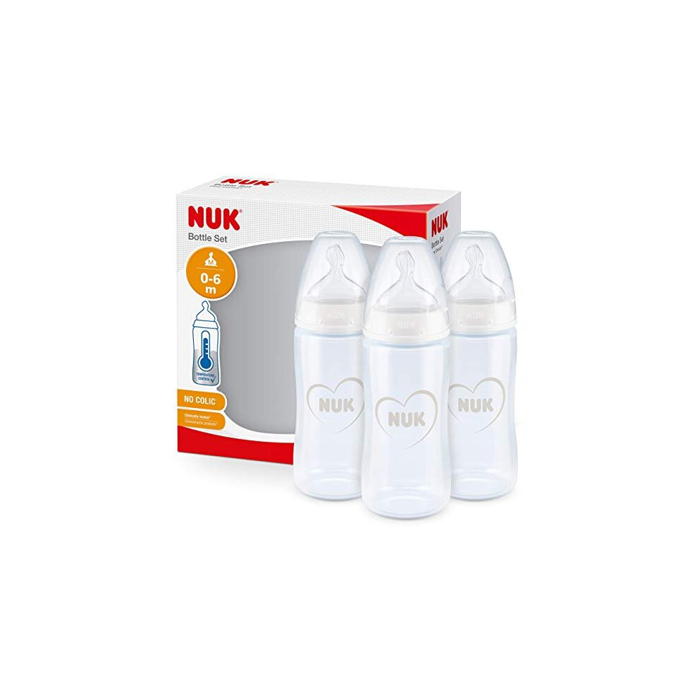 NUK First Choice+ Baby Bottles Set | 0-6 Months | Temperature Control | Silicone Teat | Anti Colic Vent | BPA-Free | 300 ml | Hearts (White)