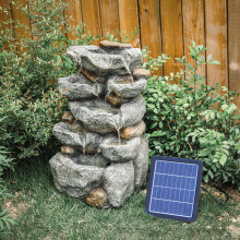 Solar Powered Rock Cascade Water Fountain with LED Lights - Slate Stone Outdoor Garden Feature, No Plumbing Needed