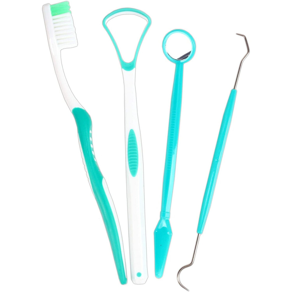 Dentaglo 4Pc Dental Care Kit With Soft Bristle Toothbrush, Tongue Scraper, Mirror & Dentists Tooth Pick For Superior Interdental Cleaning