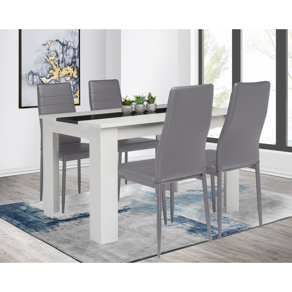 (White Table & Grey Chairs) Wood Dining Table and Chairs Set of 4 Pu Leather Seat Kitchen Room Furniture