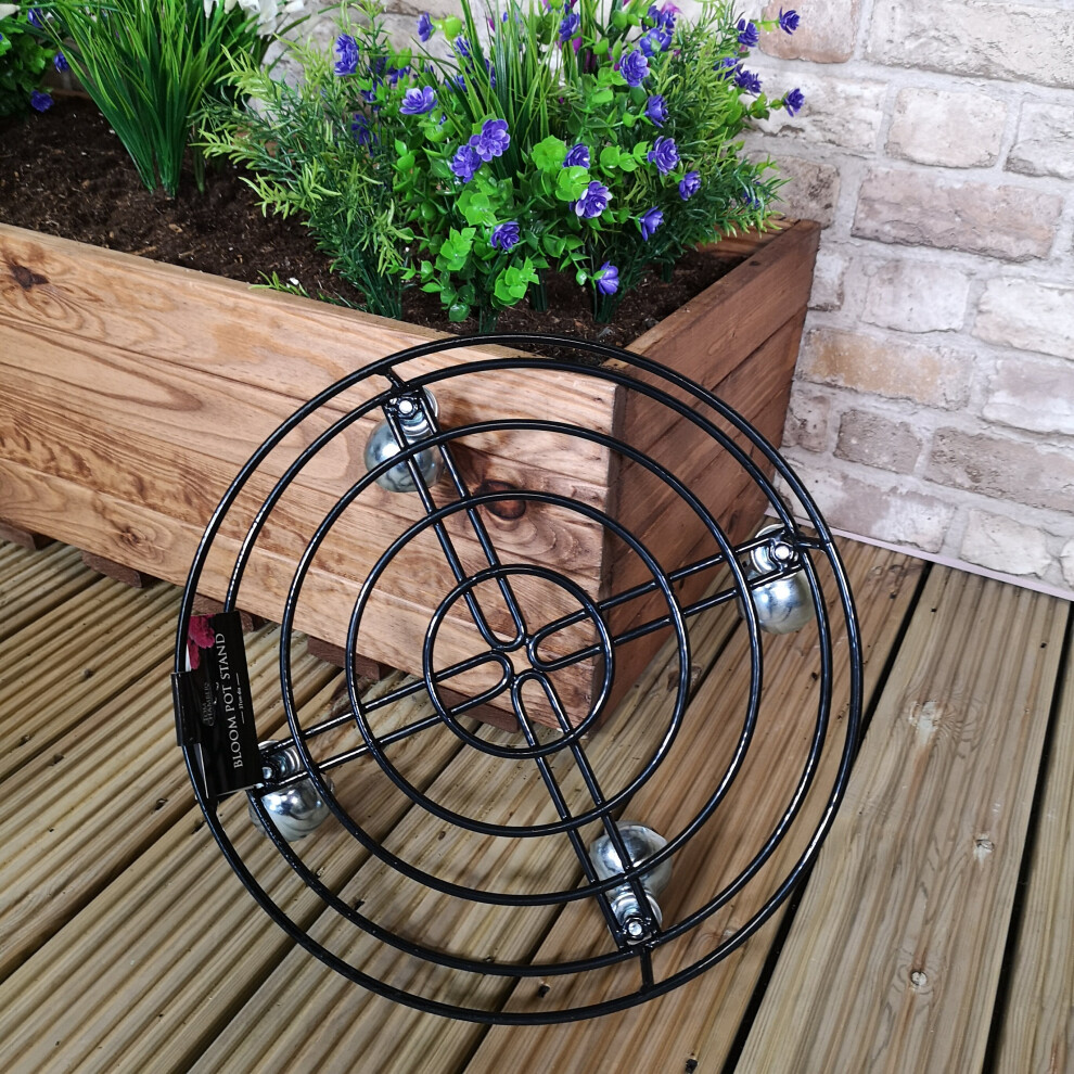 Tom Chambers Handcrafted Heavy Duty Round Black Metal Garden Patio Plant Flower Pot Stand Caddy Trolley Dolly on Strong Metal Castor Wheels 37cm