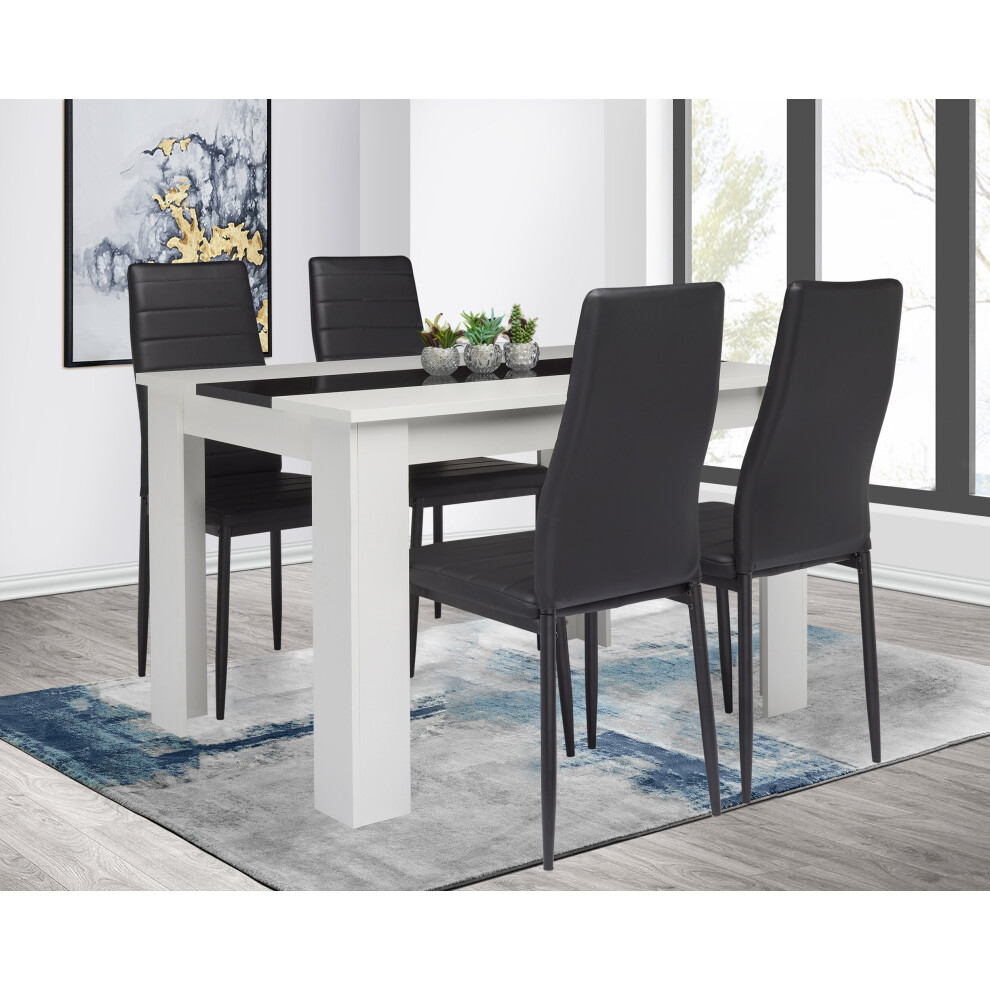 (White Table & Black Chairs) Wood Dining Table and Chairs Set of 4 Pu Leather Seat Kitchen Room Furniture