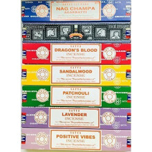 Set Regalo Incenso Satya Nag Champa, Super Hit, Sangue di Drago, Sandalo, Patchouli, Lavanda, 15 g