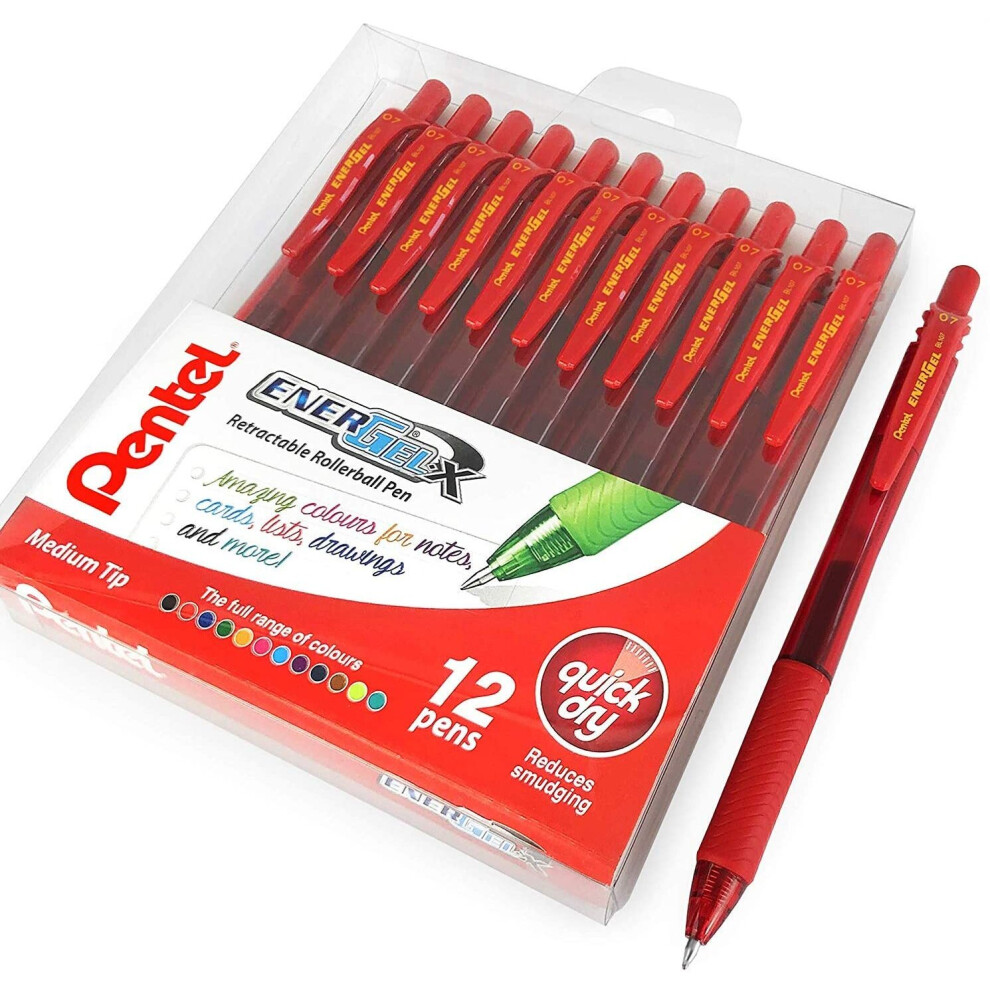 Pentel Energel X Bl107 Retractable Gel Rollerball Pens - 0.7Mm - Wallet Of 12 Red