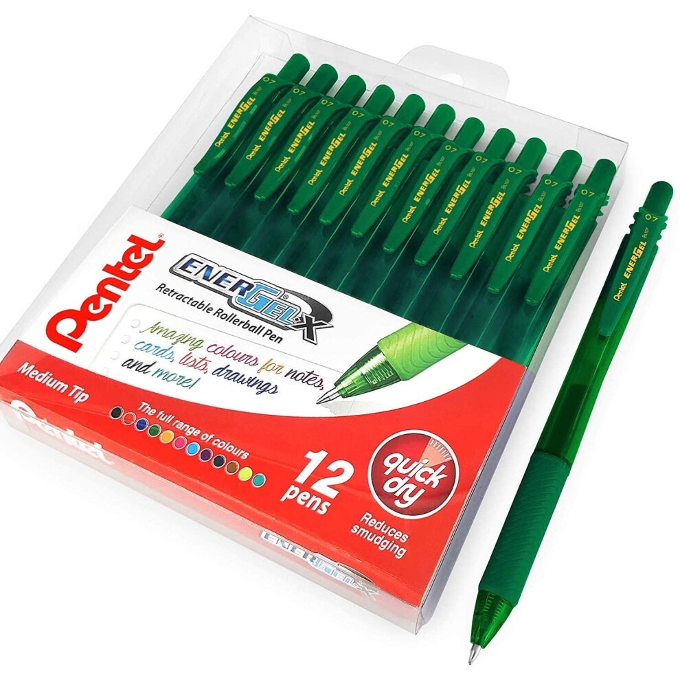 Pentel Energel X BL107 Retractable Gel Rollerball Pens - 0.7mm - Green - Wallet of 12