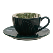 Green Cup & Saucer,Tropical Leaf Design on Porcelain Cup & Saucer,Glazed Finish Set of 2 With White Inner