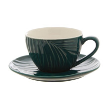 Dark Green Cup & Saucer With Botanical Embossed Detailing,2-Piece Set For Tea,Saucer & Cup With Tapered Base