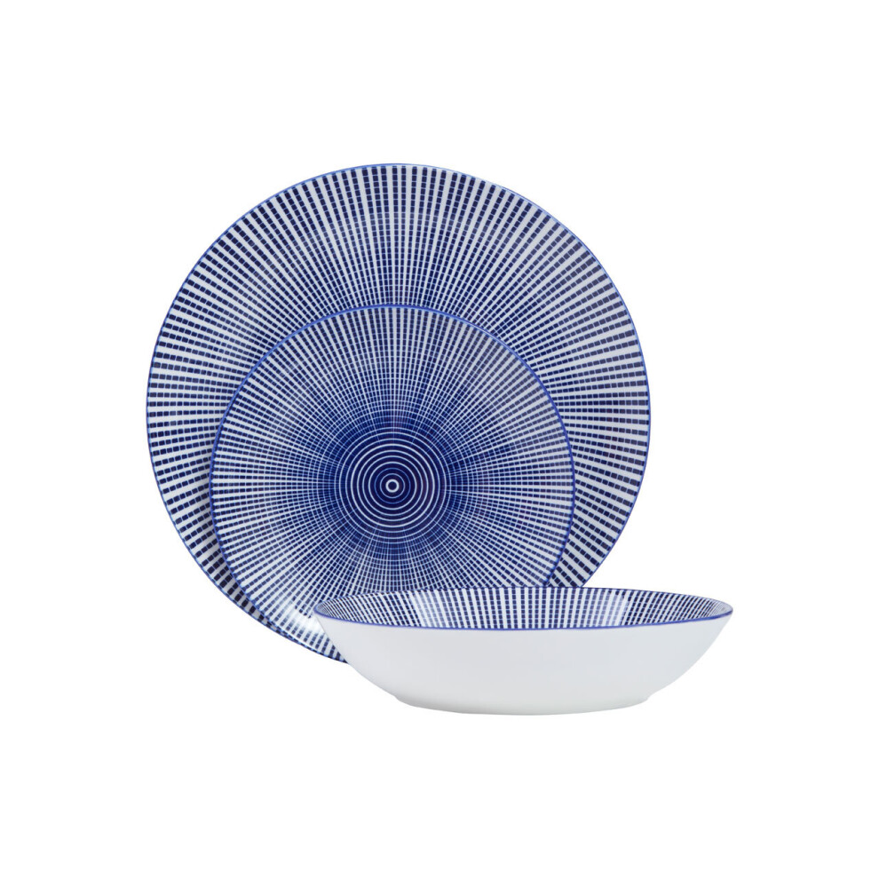 Unique 12 Piece Blue & White Dinner Set,Dolomite Dinnerware Plates And Bowls,Scratch-Resistant Crockery Set