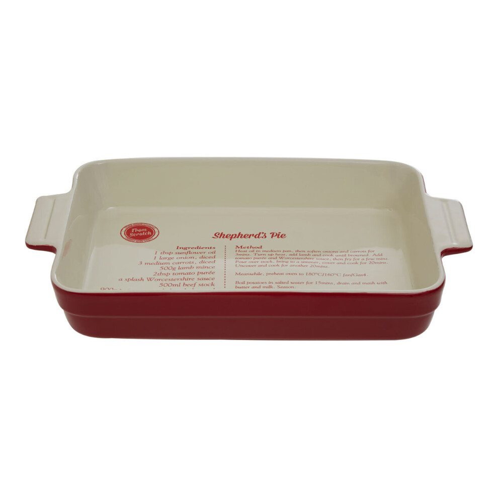 Premier Housewares 3.2 Litre Stoneware Oven Dish With Pie Recipe, Baking Dish With Handles, Heat Resistant Dish Up To 230C Red