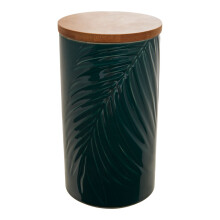 Dark Green Large Storage Jar With Bamboo Lid,Jar With Embossed Tropical Leaf Design,Spice Storage Canister