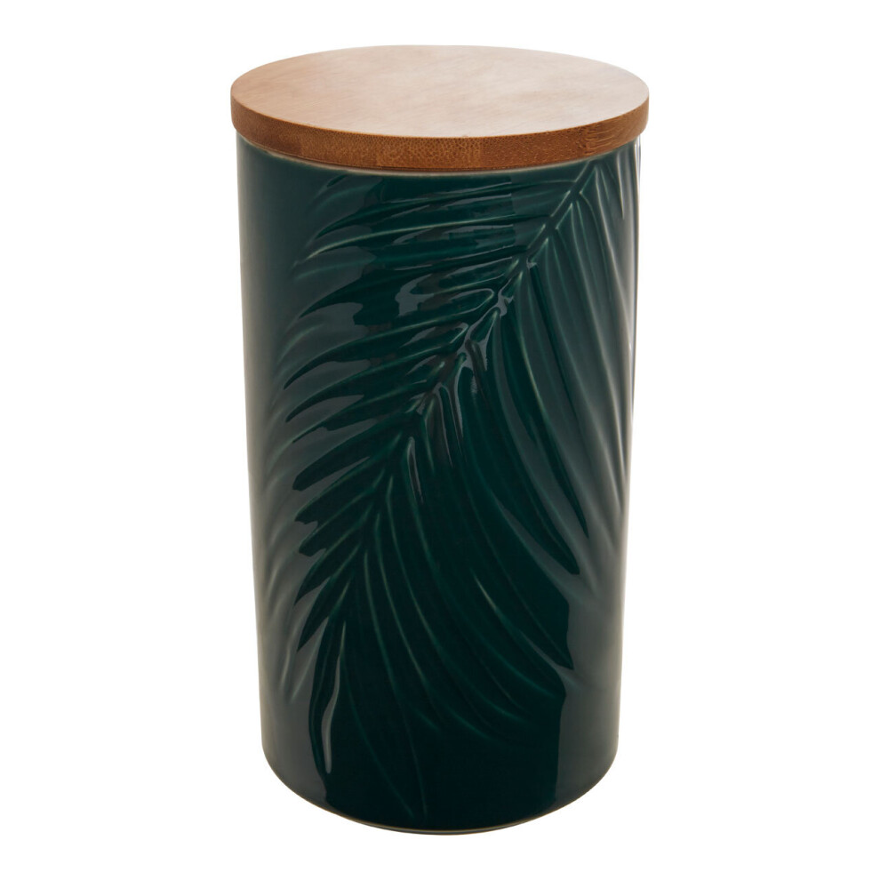 Dark Green Large Storage Jar With Bamboo Lid,Jar With Embossed Tropical Leaf Design,Spice Storage Canister