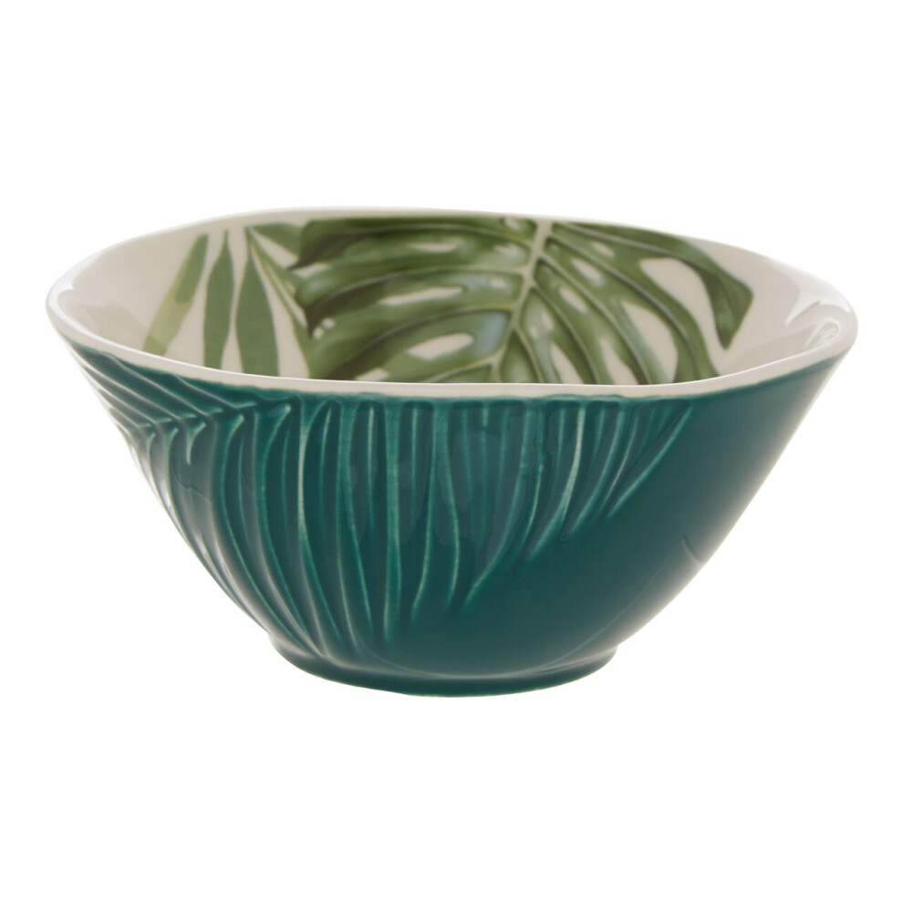 Premier Housewares Porcelain Small Salad Bowl,Tropical Leaf Design Mixing Bowl,Glazed Finish Bowl With Inner Dark/Green/White