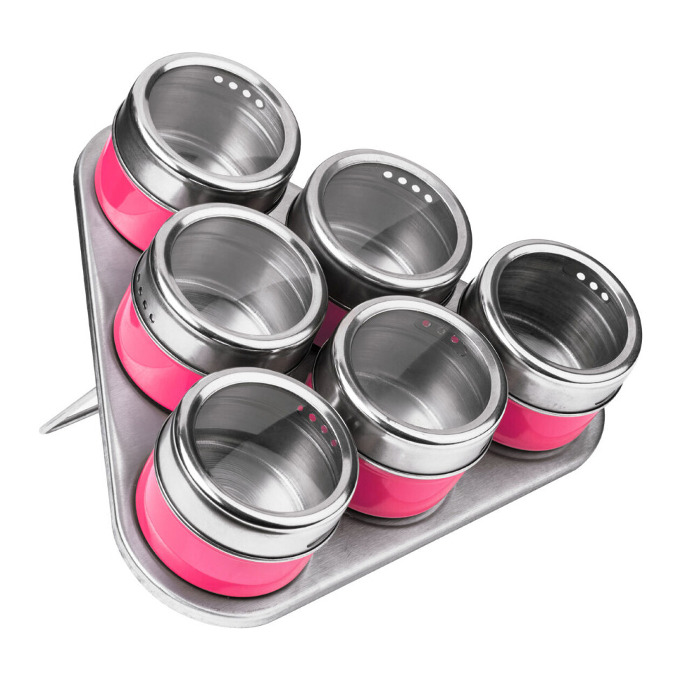 Durable Hot Pink Magnetic Spice Jars With Triangular Tray, Stylish Oblong Tray, Clear Plastic Lid Tray