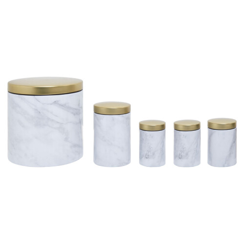 Premier Housewares 5Pc White Marble Effect Storage Set, Kitchen Storage Set, 5 Piece Kitchen Canister Set, Metal Canisters