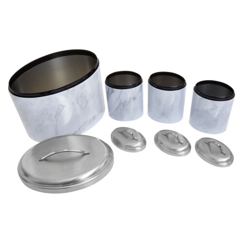 Premier Housewares 4Pc White Marble Effect Storage Set, Kitchen Storage Set, 4 Piece Kitchen Canister Set, Metal Canisters 1
