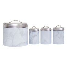 4Pc White Marble Effect Storage Set, Kitchen Storage Set, 4 Piece Kitchen Canister Set, Metal Canisters
