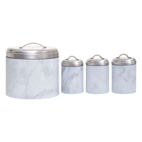 Premier Housewares 4Pc White Marble Effect Storage Set, Kitchen Storage Set, 4 Piece Kitchen Canister Set, Metal Canisters