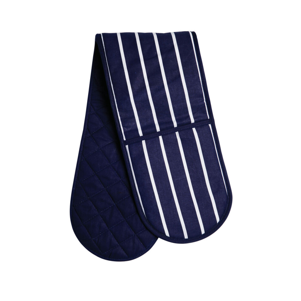 Premier Housewares Butcher Stripe Double Oven Glove, Quilted Glove Oven Mit, Heat Resistant Premium Oven Gloves For Kitchen Blue