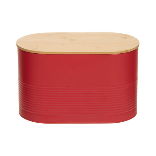 Premier Housewares Durable Red Bread Bin, Stylish Design Bread Bin For Dining Table, Natural Bamboo Lid Bread Container 1