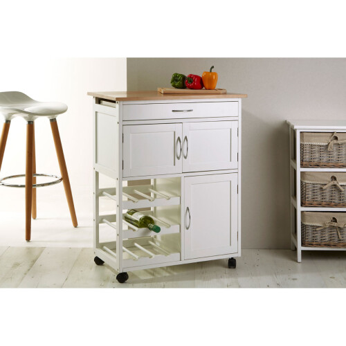 Premier Housewares Durable White and Bamboo Top Kitchen Trolley, Multi Purpose Kitchen Storage, Double Door Serving Trolley 2