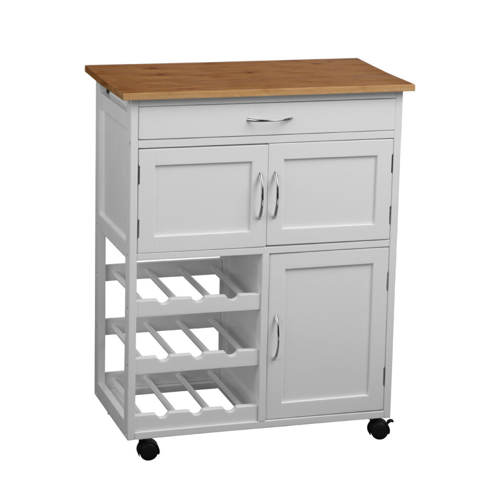 Durable White and Bamboo Top Kitchen Trolley, Multi Purpose Kitchen Storage, Double Door Serving Trolley