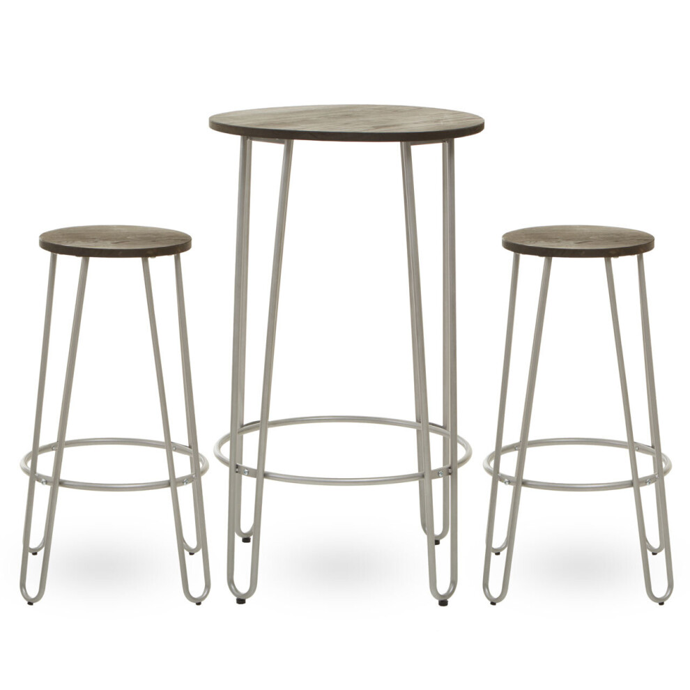 Set of 3 Silver Frame Bar Table Stool Set , Hairpin Stool for Kitchen Counter, Elm Wood Metal Frame Stool