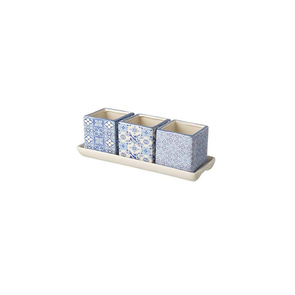 Heaven Sends Set Of 3 Square Ceramic Plant/Herb Pots On Plate