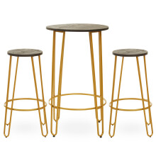 Set of 3 Gold Frame Bar Table Stool Set , Hairpin Stool for Kitchen Counter, Elm Wood Metal Frame Stool