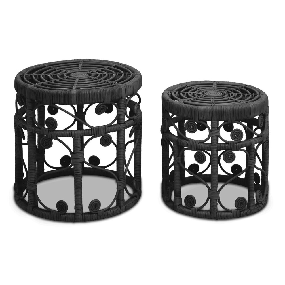 Elegant Set Of Two Black Natural Rattan Tables, Round Coffee Table, Sturdy Side Table, Versatile Small Table