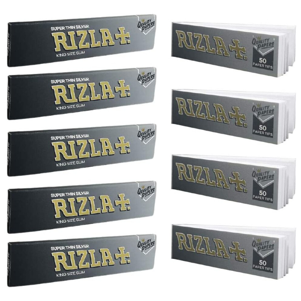 Rizla Silver 5 Booklets Of King Size Slim Papers With 4 Booklets Of Tips Roaches