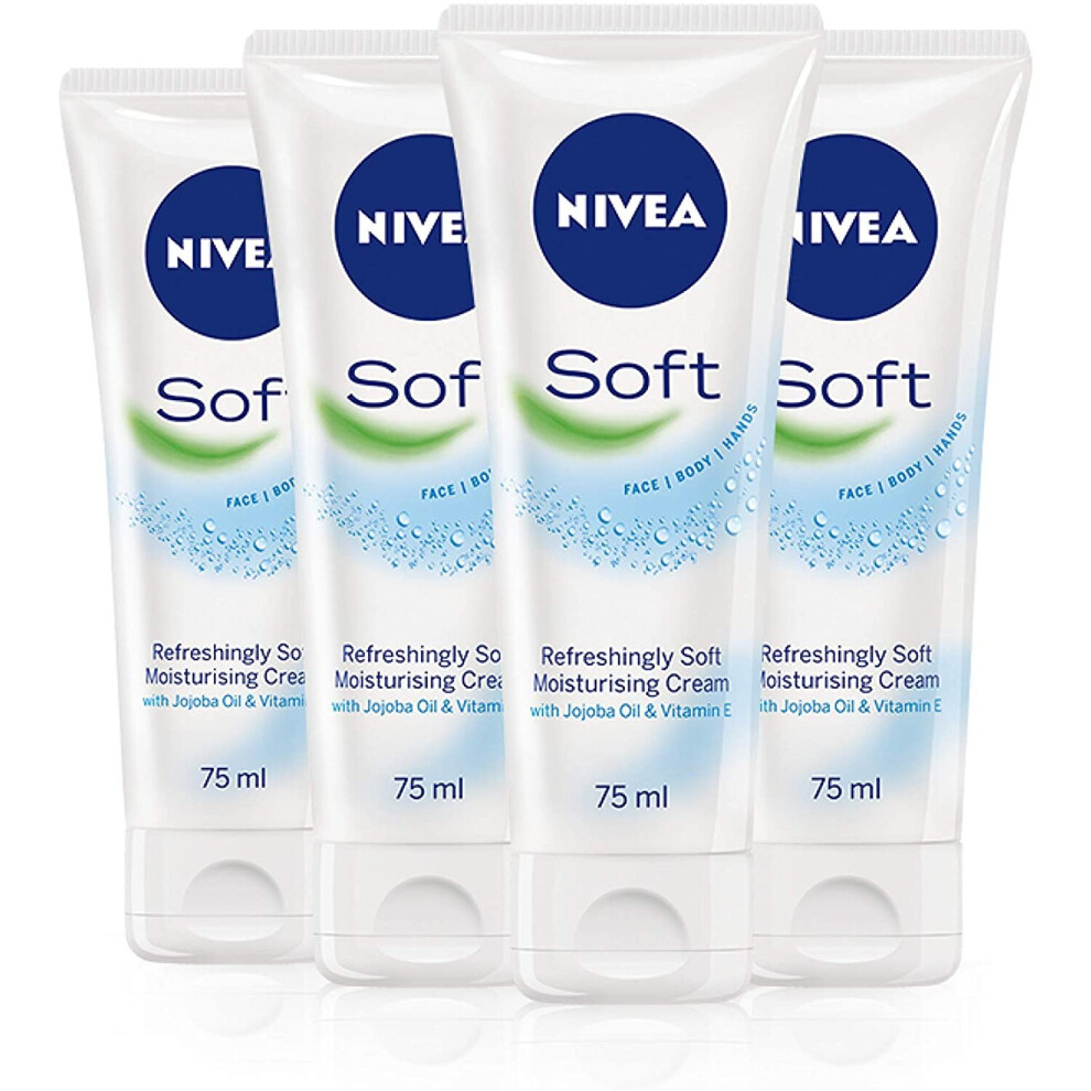 NIVEA Soft Tube (75ml), Pack of 4, Moisturising Cream for Face, Body and Hands with Vitamin E and Jojoba Oil, Intensive Everyday Moisturiser, 4 x 75