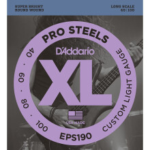 Corde per basso D'Addario XL Pro Steels EPS190 Long Scale Custom Light Gauge 40-100, set da 4 corde, confezione da 1