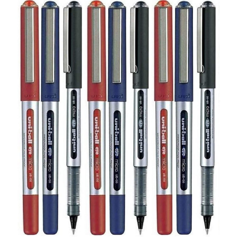 Uni Ball UB-150 Assorted Colour (9 Pack) Eye Micro Rollerball Pen 0.5mm (3 of each Colour - Red Black Blue - 9 Pens)