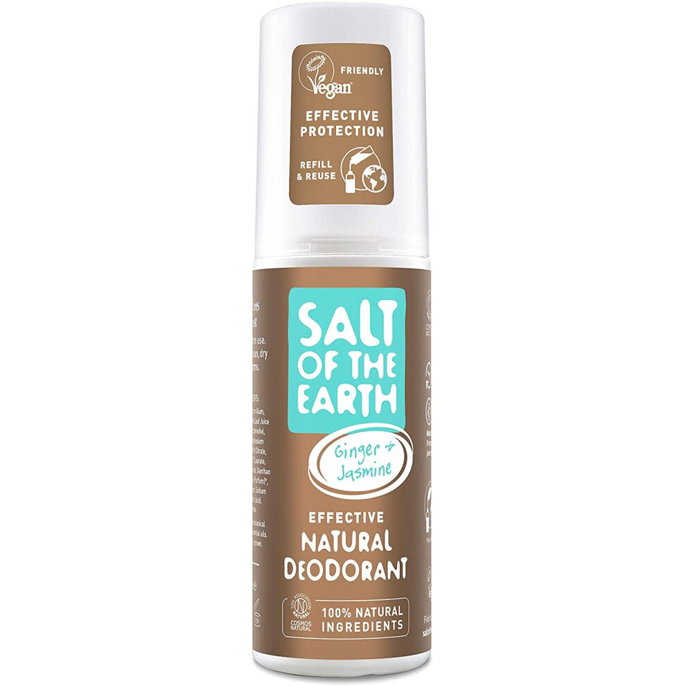 Salt Of the Earth Natural Deodorant Spray by Vegan Long Lasting Protection Refillable Leaping Bunny Approved, Cloudy, Ginger & Jasmine, 100 ml